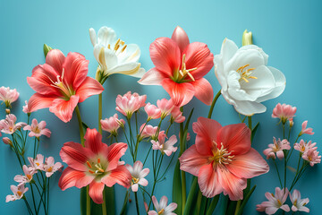 Beautiful spring flowers on a pastel blue background