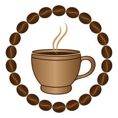 Coffee cup in a circle of coffee beans vector decorative sign for coffee shops, logo design isolated, 