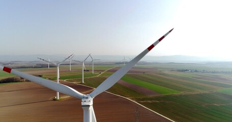 Aerial wiev of windmills farm. Power Energy Production