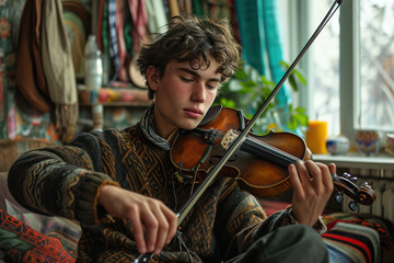 Musical Portrait: Young, Talented Violinist Playing Beautiful Melodies on Acoustic Violin in Indoor Nature-Inspired Home Interior.