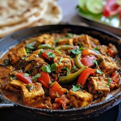 Restaurant-style paneer tika masala in a pan, on a wooden block on a white background, traditional Indian food, capsicum, onion, butter, carrot, chilies, parsley