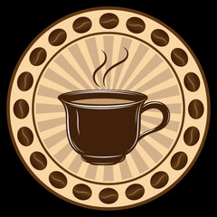 Coffee cup in a circle of coffee beans vector decorative sign for coffee shops, logo design isolated 