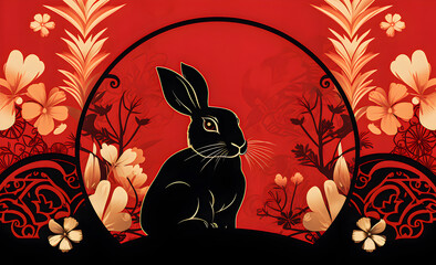 chinese new year red background with a black rabbit