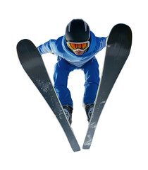 Ski jumper sportsman during skijump, front view of V-style, isolated on white or transparent