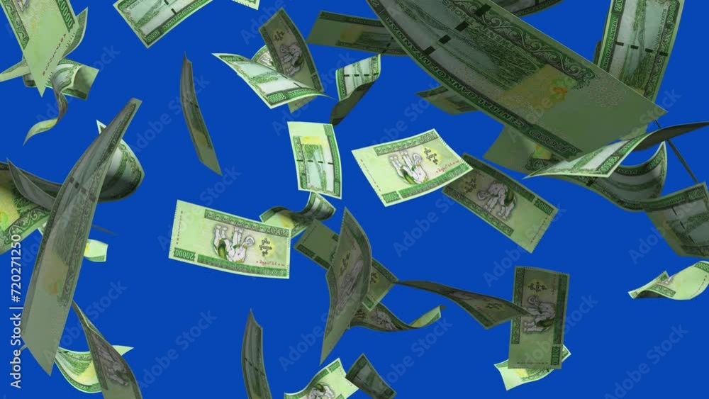 Poster 3d animation of myanmar kyat notes falling on blue screen. remove the background by keying or subtra