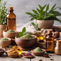 Close up of ingredients of ayurvedic treatment - spices, roots, aromatic herbs,oil bottle
