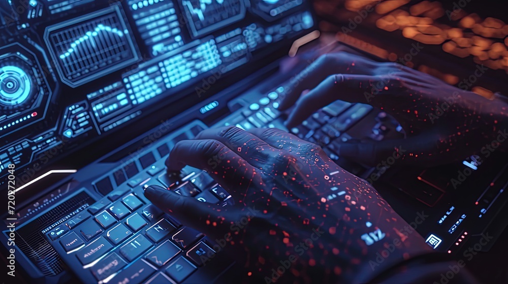 Poster hands typing rapidly on a futuristic cybersecurity interface with glowing red data particles, indica