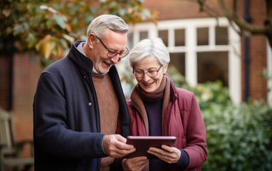 Obraz premium man and woman looking at tablet together,