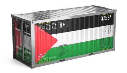 Freight shipping container with national flag of Palestine on white background - 3D illustration