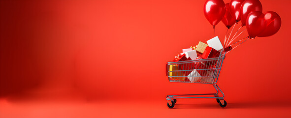 Basket with gifts and balloons on red background