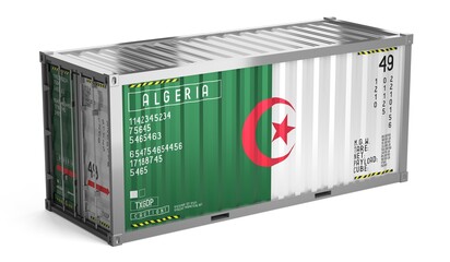 Freight shipping container with national flag of Algeria on white background - 3D illustration