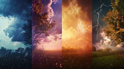 This striking quadriptych captures the intense and diverse moods of stormy weather, from torrential rain to the calm after the storm, in a vivid, dynamic display.