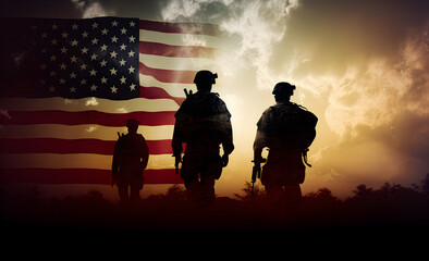 Silhouette of a soldier saluting the U.S. flag