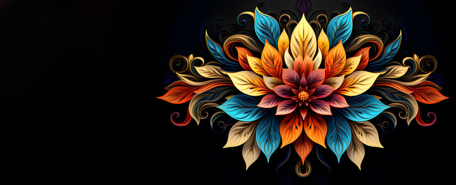 Symmetrical abstract floral design in bright colors on black background
