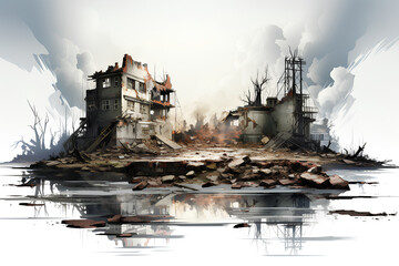 Apocalypse ruins and destruction of war digital  concept art. Concept of destruction and war. on generative AI 