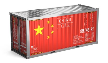 Freight shipping container with national flag of China on white background - 3D illustration