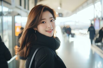 Beautiful and stylish female K-Pop idol smiles as she poses for the camera at korean airports. generative AI - obrazy, fototapety, plakaty
