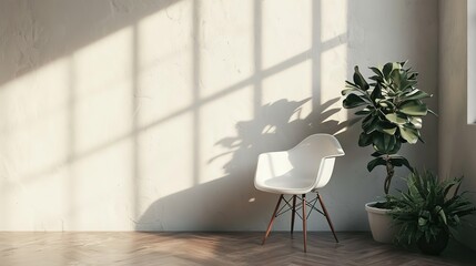 A serene corner with a modern white chair and lush potted plants, casting soft shadows on a warm, sunlit wall.
