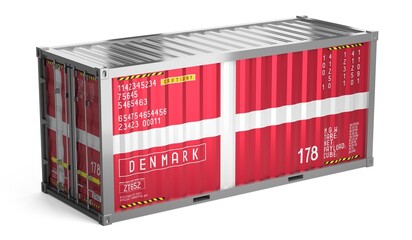 Obraz premium Freight shipping container with national flag of Denmark on white background - 3D illustration