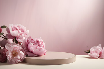 Obraz na płótnie Canvas Podium with peony flowers on pink background with copy space