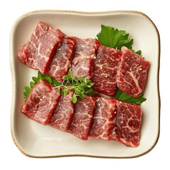 Premium Rare Slices Wagyu beef with high-marbled texture on plate, Transparent background