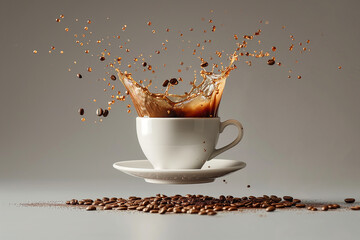 Flying cup with coffee in air on a grey background