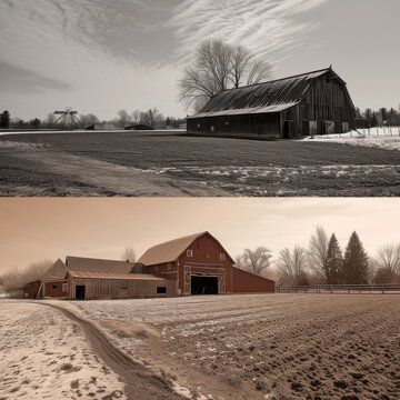 Two Pictures of a Barn and a Snow Covered Field
