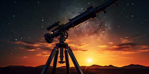 Twilight sky astronomy telescope silhouette Telescope a powerful telescope for observing distant objects in space stand against sunset background.
 - obrazy, fototapety, plakaty