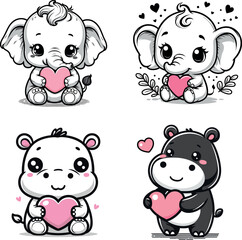 Cute cartoon of baby Elephant and Hippo holding a pink heart