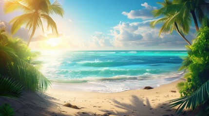 Fototapeta na wymiar Oceans and palm trees on a tropical beach with sand and sun