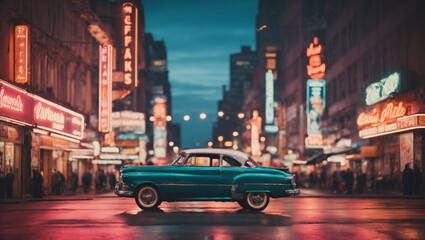 A dynamic metropolis at dusk, showcasing the interplay of neon signs and blurred car lights, captured in a vintage color scheme for a cinematic and enchanting city atmosphere. - obrazy, fototapety, plakaty