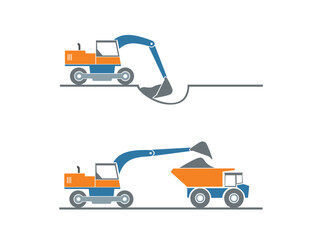 Construction heavy machinery isolated set. Special equipment for construction work. Excavator, tractor, bulldozers, asphalt road roller, road grader.Commercial vehicles. Flat vector illustration. Icon