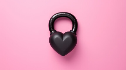 Top view of black kettlebell in the shape of a heart on pink background with copy space for text. Valentines day and Fitness concept