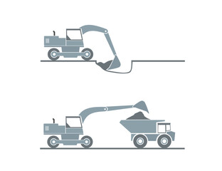 Construction heavy machinery isolated set. Special equipment for construction work. Excavator, tractor, bulldozers, asphalt road roller, road grader.Commercial vehicles. Flat vector illustration. Icon