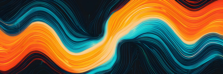 Vibrant rainbow, orange blue teal white psychedelic grainy gradient color flow wave on black background, music cover dance party poster design. Retro Colors from the 1970s 1980s, 70s, 80s, 90s style - obrazy, fototapety, plakaty