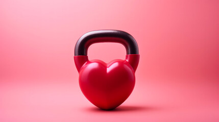 Red kettlebell in the shape of a heart on red background for Valentine's Day, birthday, anniversary, wedding. Healthy fitness flat lay composition, gym workout concept, copy space
