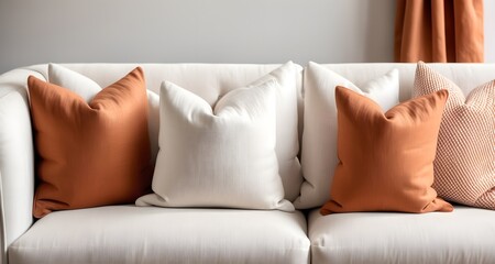 Fototapeta na wymiar Close-up of terracotta and white pillows on a fabric sofa. Interior design for a modern living room in a French country house.