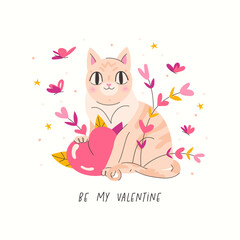 Love card with a cute cat hold heart. Be my Valentine. text. Happy Valentine's Day. 14 February Vector illustration isolated on white background