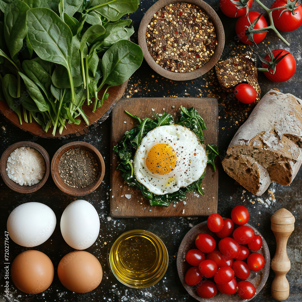 Wall mural healthy breakfast: fresh, delicious spinach omelet with fried eggs, gourmet meat, and organic vegeta