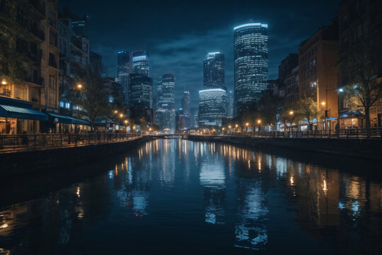 A night scene of a city riverbank with distorted reflections of city lights dancing on the water, rendered in a midnight blue color palette to evoke a sense of urban mystique.