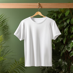 Blank White T-Shirt Mock-up on wooden hanger