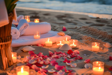 Romantic atmosphere towel, petals and candles on the beach, February, lifestyle concept, generative ai