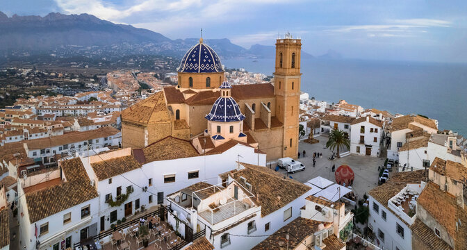 Charmig coastal town Altea in popular coast of Spain Costa Blanca. aerial drone high angle panoramic view with scenic cathedral, Valencia province.