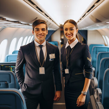 A pilot and a flight attendant smiling inside a plane - Aviation concept