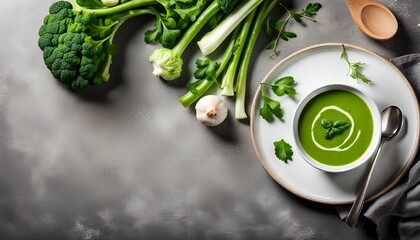 Green vegetable cream soup in a white bowl on a gray concrete background top view. Free space for text. Vegan soup puree of green vegetables. Vegetarian and diet food. Copy space.
