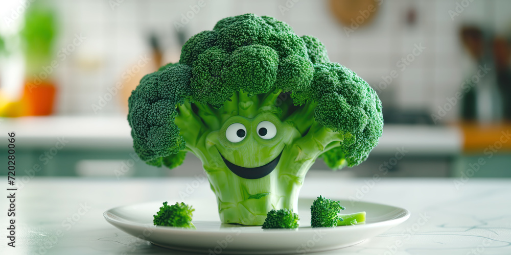 Wall mural Funny broccoli with smiling faces on the plate on the kitchen. Concept of healthy food, vegetables. - Wall murals
