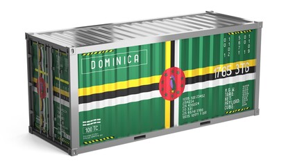 Obraz premium Freight shipping container with national flag of Dominica on white background - 3D illustration