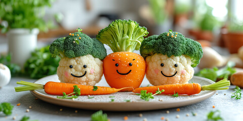 Funny broccoli, cauliflower and carrot with smiling faces on the plate on the kitchen. Concept of healthy food, vegetables. - obrazy, fototapety, plakaty