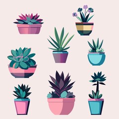 A set of succulents for the home. Fashionable indoor plants for home decor cartoon vector