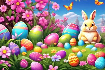 Bunny Amidst Easter Eggs in Spring Landscape